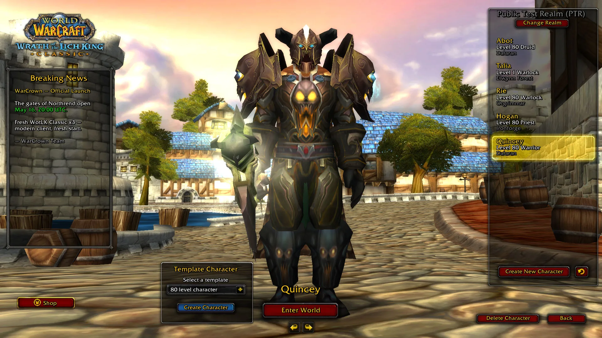 WarCrown character select with launcher branding and Shop button